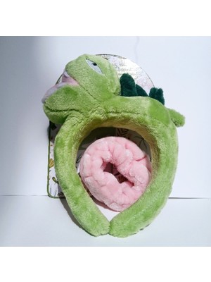 My Balli Store Peluş Dinazor Figürlü Taç ve Toka Seti (Yeşil,pembe)