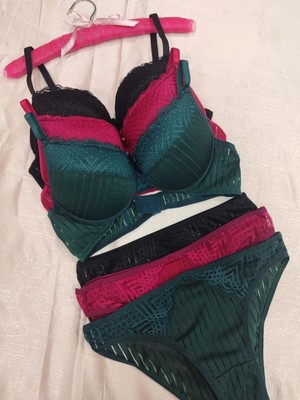 Love Angels Çizgili Dantel Detaylı Push-Up Dolgulu Iç Çamaşırı Takımı-Sütyen Külot Takımı