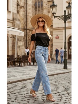 İbeeka Shining Star !  Parıltı Taş Yıldız Detaylı Tasarım Denim / Kot Pantolon - Mavi - 38 - ST01219-MAVİ-38