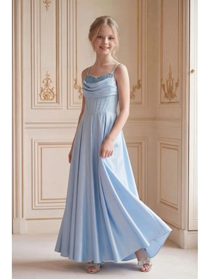 Butik Happy Kids Kız Çocuk Abiye Ince Askılı Bebemavi Uzun Drapeli Saten Abiye 10-15 Yaş