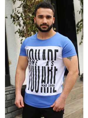 Madmext Bisiklet Yaka Baskılı Saks T-Shirt 3001