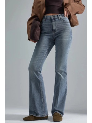 Hiccup Kadınlar Yüksek Bel Flare Kot Pantolon Açık Mavi Denim
