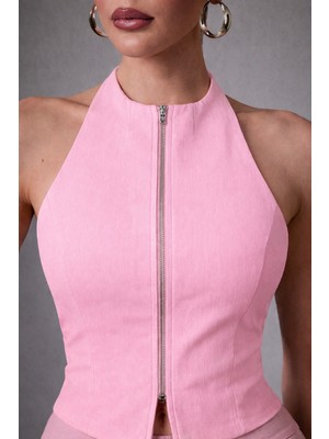 Afri Kadın Pembe Fermuarlı Halter Yaka Atlas Kumaş Bluz Şık & Modern Fit