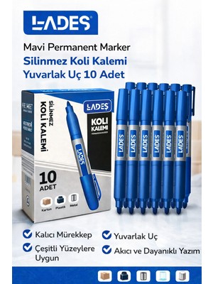 Lades Mavi Permanent Marker Silinmez Koli Kalemi Yuvarlak Uç 10 Adet