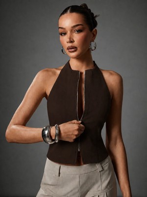 Afri Kadın Koyu Acı Kahverengi Fermuarlı Halter Yaka Atlas Kumaş Bluz Şık & Modern Fit