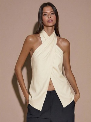 Afri Afrodit Kadın Ekru Halter Yaka Sırt Dekolteli Kruvaze Bluz Şık Yazlık Premium Tasarım