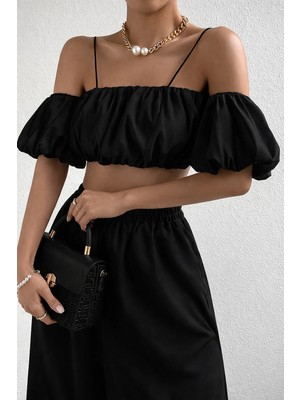Afri Kadın Siyah Off Shoulder Crop Bluz – Askılı, Lastikli, Kısa Kollu Yazlık Şık Üst