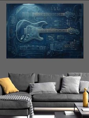 Karizma Tablo Gitar Çizimi Mavi Teknik Şema Dekoratif Kanvas - Mdf Ahşap Tablo