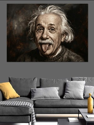 Artmeg Einstein Dil Çıkaran Komik Portre Dekoratif Kanvas - Mdf Ahşap Tablo