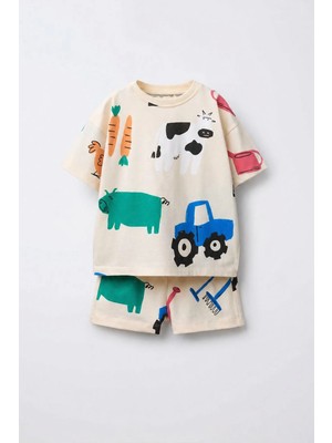 Monila Erkek Çocuk Çiftlik Baskılı Pamuklu T-Shirt Şort Altüst Takım