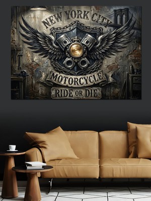 Artmeg New York City Motosiklet Logosu Dekoratif Kanvas - Mdf Ahşap Tablo