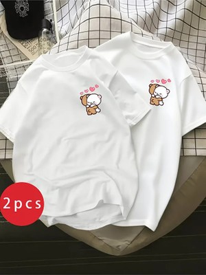 Nevermind Sevgili Kombini Ayıcık Kalp Baskılı Çift Tişört Oversize Unisex Partner Kombin Seti