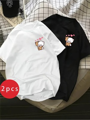 NEVERMIND Sevgili Kombini Ayıcık Kalp Baskılı Çift Tişört Oversize Unisex Partner Kombin Seti
