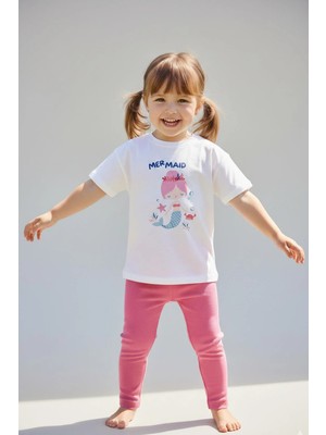 Monila Kız Çocuk Pamuklu Deniz Kızı Baskılı T-Shirt ve Pembe Fitilli Tayt 2'li Takım