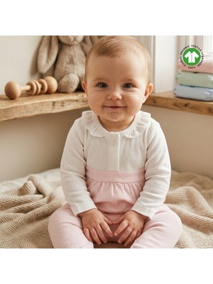 %100 Organik Bebek Takımı Detay Işlemeli Yakalı Çıtçıtlı Body ve Patikli Pantolon Seti Pembe