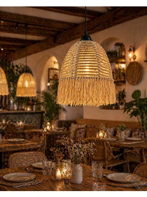 Livadesign7 El Yapımı Hasır Jüt Halat - Rafya Bohem Avize - Kafe, Balkon, Hol, Salon Avize