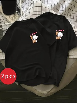 Nevermind Sevgili Kombini Ayıcık Kalp Baskılı Çift Tişört Oversize Unisex Partner Kombin Seti