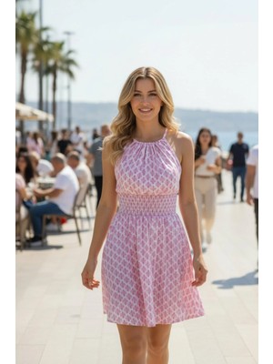 Mossta Halter Yaka Bel Lastikli Kısa Süprem Elbise - Pembe