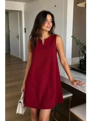 Mossta Kadın Bordo V Yaka Kolsuz Rahat Kesim Mini Elbise