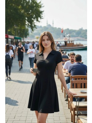 Mossta Modal Kumaş Polo Yaka Kloş Mini Elbise - Siyah
