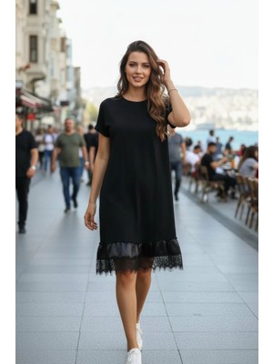 Mossta Bisiklet Yaka Dantel Detaylı Viskon Elbise - Siyah