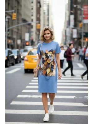 Mossta Bisiklet Yaka Kedi Baskılı Midi Viskon Elbise - Mavi