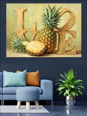 Artmeg Ananas ve Aşk Temalı Tablo Dekoratif Kanvas - Mdf Ahşap Tablo