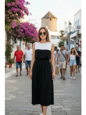 Mossta Kolsuz Beli Lastikli Rahat Kesim Viskon Elbise - Siyah