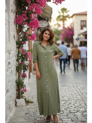 Mossta Kadın Düğmeli Uzun Gömlek Elbise - Yeşil