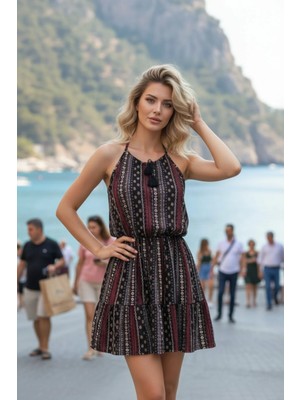 Mossta Askılı Mini Belden Bağlamalı Süprem Elbise - Desenli