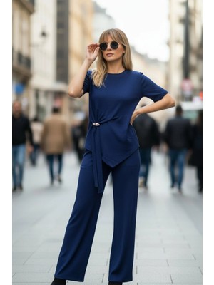 Mossta Ikili Takım Kuşaklı Bluz ve Bol Paça Pantolon - Lacivert