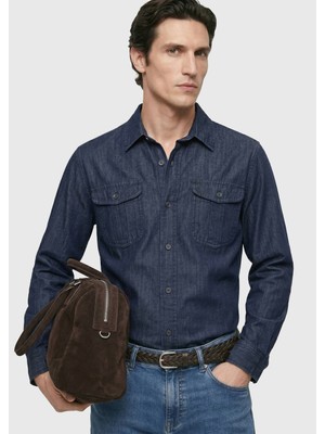 Ramsey Indigo Düz Casual Fit Uzun Dokuma Casual Pamuk Karışımlı Gömlek