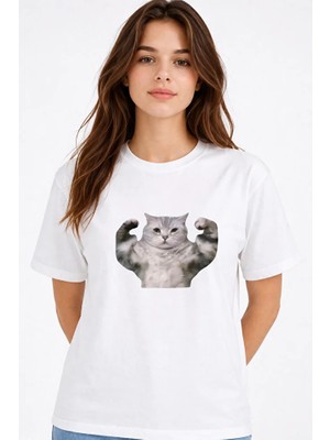 Nevermind Kadın Tişört Baskılı Kedi Desenli Basic Günlük Rahat %100 Pamuk