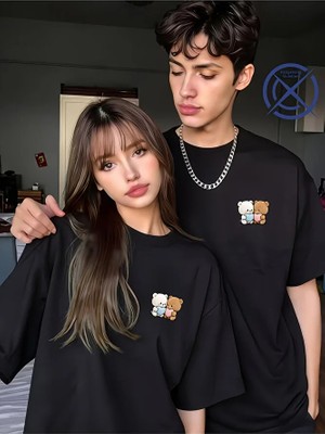 Nevermind Sevgili Kombini Tişört 2’li Set Ayıcık Baskılı Unisex Çift Tişört %100 Pamuk