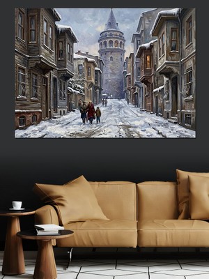 Artmeg Karlı Istanbul Sokağı ve Galata Dekoratif Kanvas - Mdf Ahşap Tablo