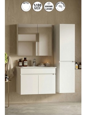 Özceden Lotus 75+35 cm Beyaz Mdf Seramik Lavabolu Asma Banyo Dolabı Takımı