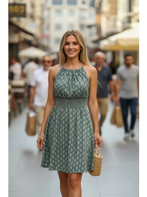 Mossta Halter Yaka Bel Lastikli Kısa Süprem Elbise - Yeşil