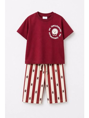 Monila Kız Çocuk Pamuklu Bordo Kurabiye Baskılı T-Shirt ve Eşofman Alt Üst Takım