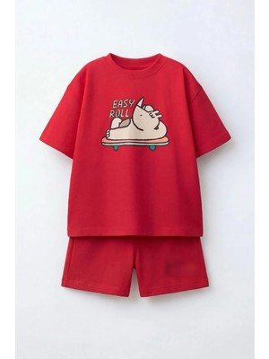 Monila Erkek Çocuk Pamuklu Kırmızı Gergedan Baskılı T-Shirt ve Şort Alt Üst Takım