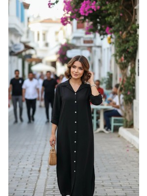 Mossta Kadın Düğmeli Uzun Gömlek Elbise - Siyah