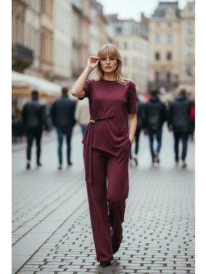 Mossta Ikili Takım Kuşaklı Bluz ve Bol Paça Pantolon - Bordo