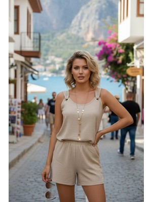 Mossta V Yaka Kuş Gözü Detay Bluz Şort Ikili Takım Bej