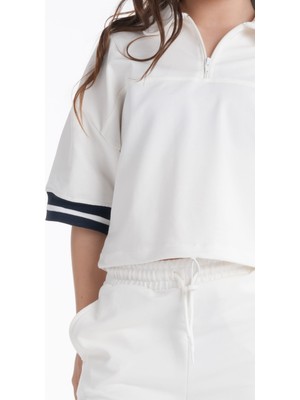 Haykids Polo Yaka Yarım Fermuarlı Şerit Detaylı Kız Çocuk Palazzo Pantolonlu Takım