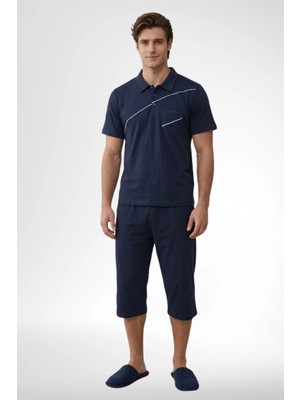 Mecit Pijama Mecit 4007 Lacivert %100 Pamuk Büyük Beden Kapri Erkek Pijama Takımı