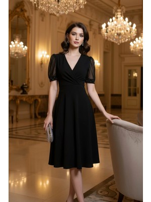Mossta Kruvaze Yaka Midi Boy Elbise Şık ve Zarif Tasarım - Siyah