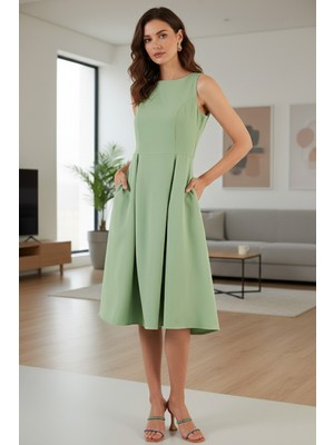 Lela Regular Fit Bisiklet Yaka Cepli Pileli Midi Boy Abiye Elbise Bayan Elbise 6111963