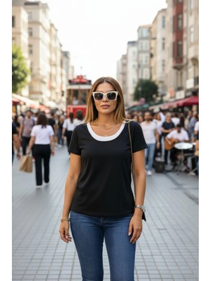 Mossta Kısa Kollu Çift Renkli Viskon Bluz - Siyah