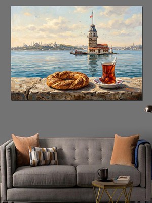 Artmeg Kız Kulesi ve Çay Simit Dekoratif Kanvas - Mdf Ahşap Tablo