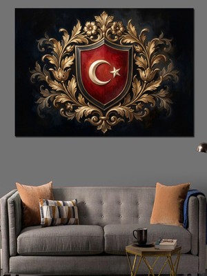Karizma Tablo Altın Çerçeveli Türk Bayrağı Arması Dekoratif Kanvas - Mdf Ahşap Tablo