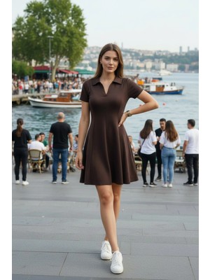 Mossta Modal Kumaş Polo Yaka Kloş Mini Elbise - Kahve